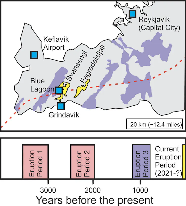 A map of the Reykjanes Peninsula, with shaded regions overlapping a dashed ridge line.
