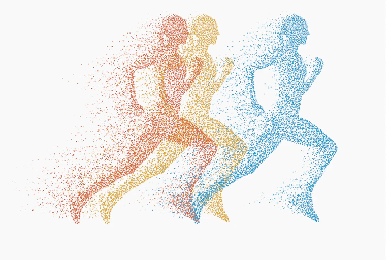 Illustration of silhouette of three runners composed of diffuse dots
