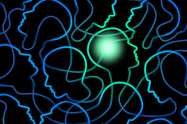 Ilustração com contornos de faces em azul com um contorno de face verde próximo ao centro