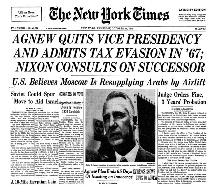 A newspaper headline from Oct. 11, 1973, announcing Vice President Agnew's resignation.