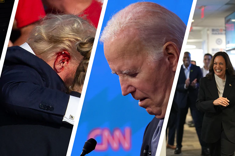 Four images, including a policeman, a man with a bloody ear, another man bowing his head, and a woman laughing.