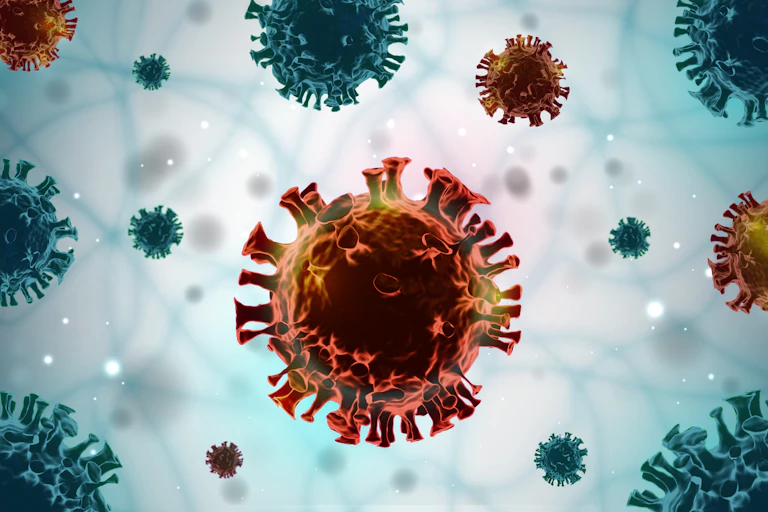 An illustration of SARS-CoV-2, the virus that causes COVID.