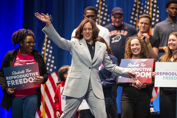 Kamala Harris speaking on reproductive rights in 2023.