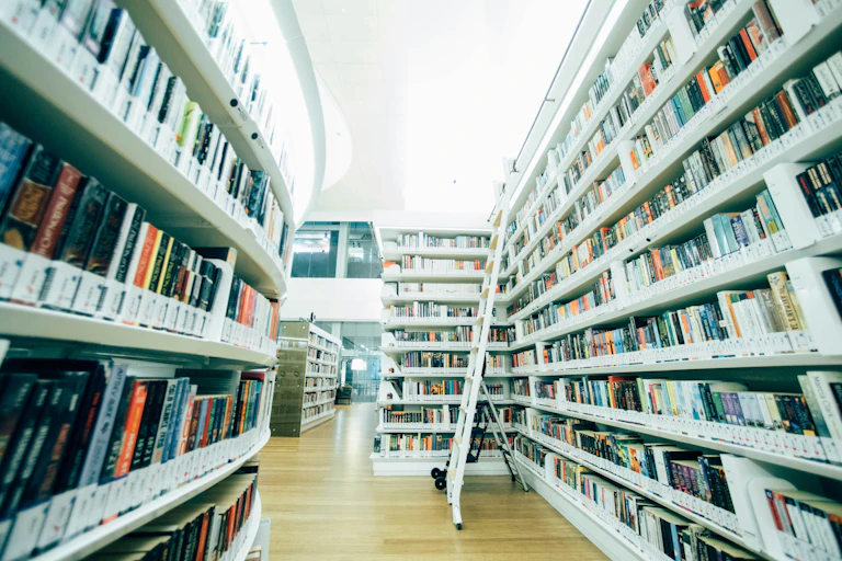 Bookshelves in a library