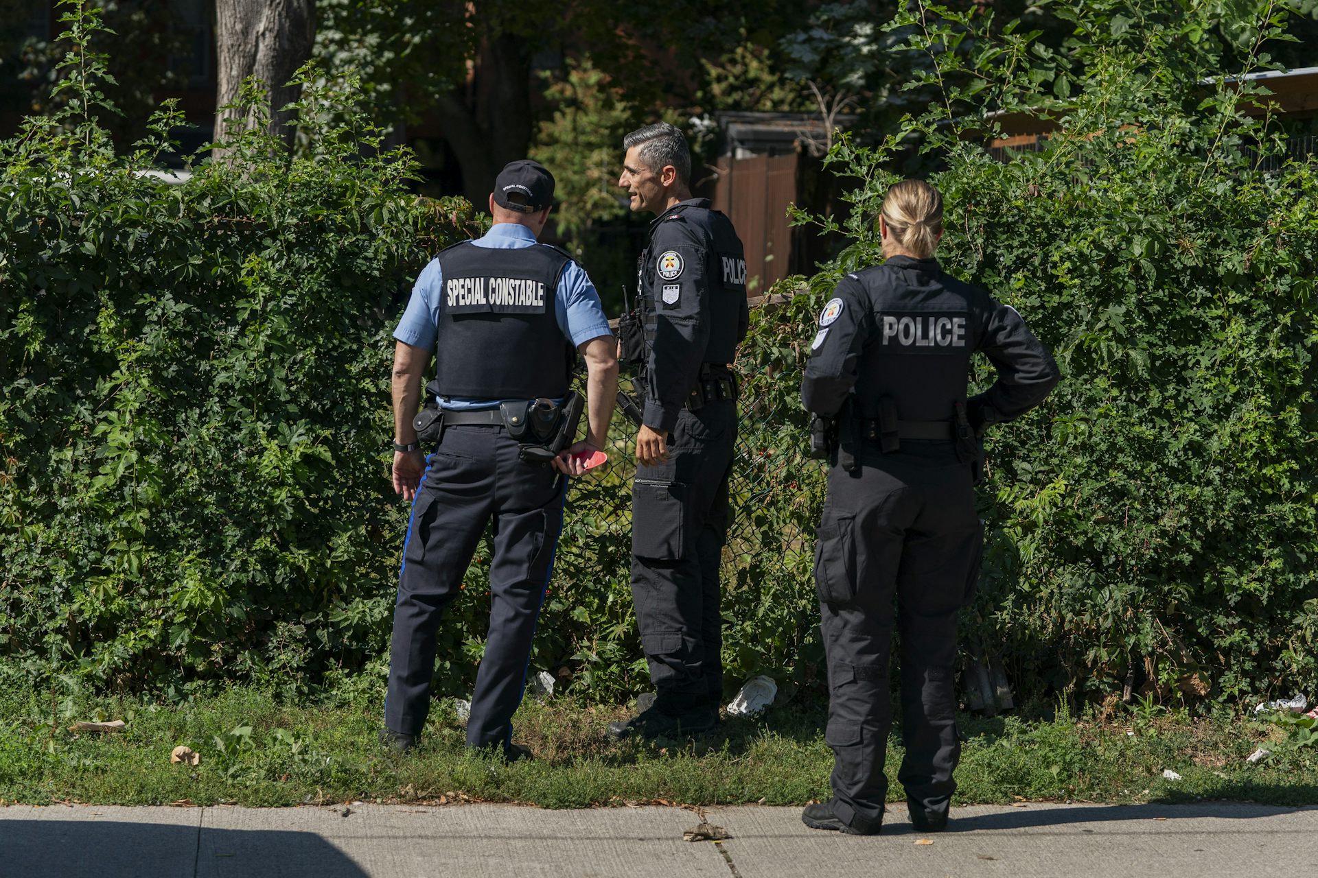 Three police officers stand talking with a bank of trees behind them.