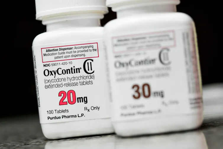 Bottles of OxyContin (Oxycodone) prescription pharmaceuticals photographed in a pharmacy