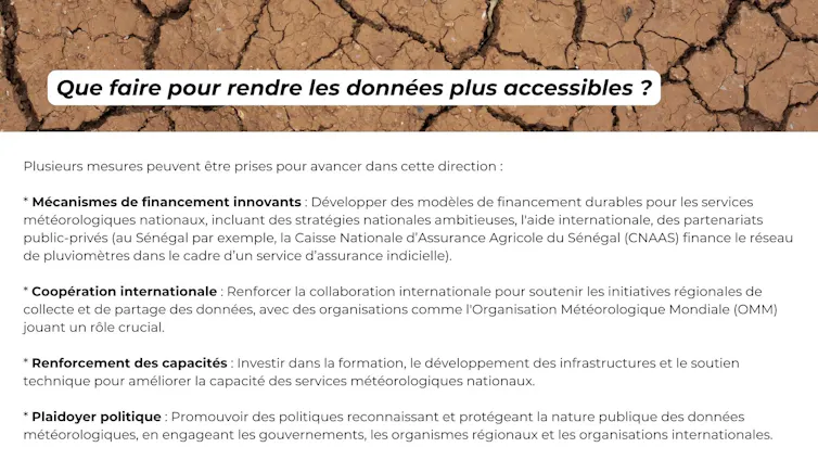 Que faire pour rendre les données plus accessibles ? Plusieurs mesures peuvent être prises pour avancer dans cette direction : Mécanismes de financement innovants : Développer des modèles de financement durables pour les services météorologiques nationaux, incluant des stratégies nationales ambitieuses, l’aide internationale, des partenariats public-privés (au Sénégal par exemple, la Caisse Nationale d’Assurance Agricole du Sénégal (CNAAS) finance le réseau de pluviomètres dans le cadre d’un service d’assurance indicielle). Coopération internationale : Renforcer la collaboration internationale pour soutenir les initiatives régionales de collecte et de partage des données, avec des organisations comme l’Organisation Météorologique Mondiale (OMM) jouant un rôle crucial. Renforcement des capacités : Investir dans la formation, le développement des infrastructures et le soutien technique pour améliorer la capacité des services météorologiques nationaux. Plaidoyer politique : Promouvoir des politiques reconnaissant et protégeant la nature publique des données météorologiques, en engageant les gouvernements, les organismes régionaux et les organisations internationales