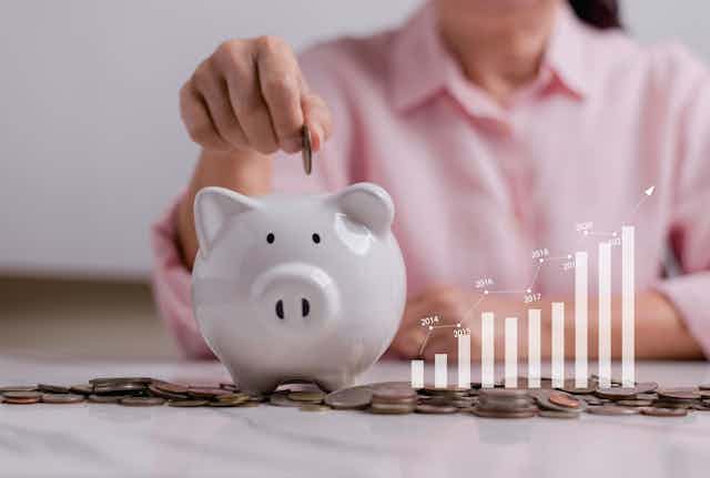 A person, seen from the neck down, puts a coin in a piggy bank. A visual of a bar graph increasing in value over time is seen beside it.