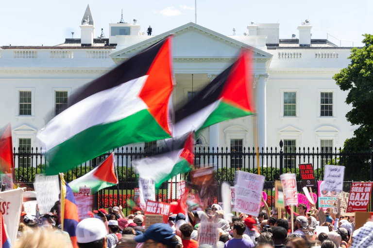 Palestinian flags and protesters holding placards outside the White House, June 2024.