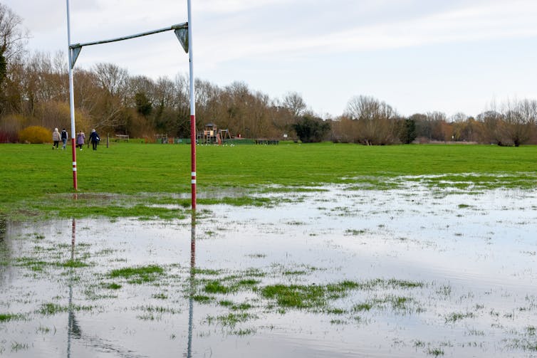 A waterlogged field reflects the moody sky.