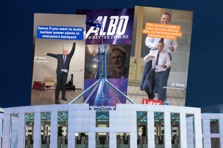 Tiktok videos of Australian politicians modified with AI behind an image of the Australian Parliament building