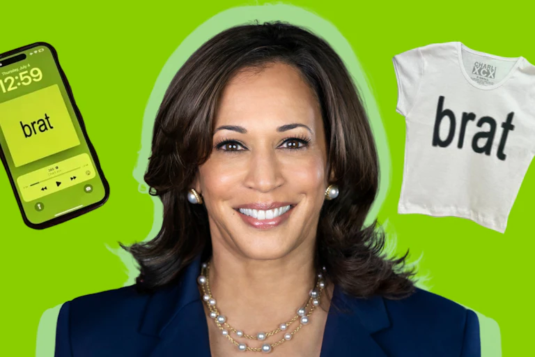 Kamala Harris next to a phone playing Brat and a t-shirt that says brat