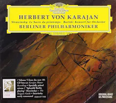 Portada de _La consagración de la primavera_ de Stravinski por la Filarmónica de Berlín dirigida por Herbert von Karajan.