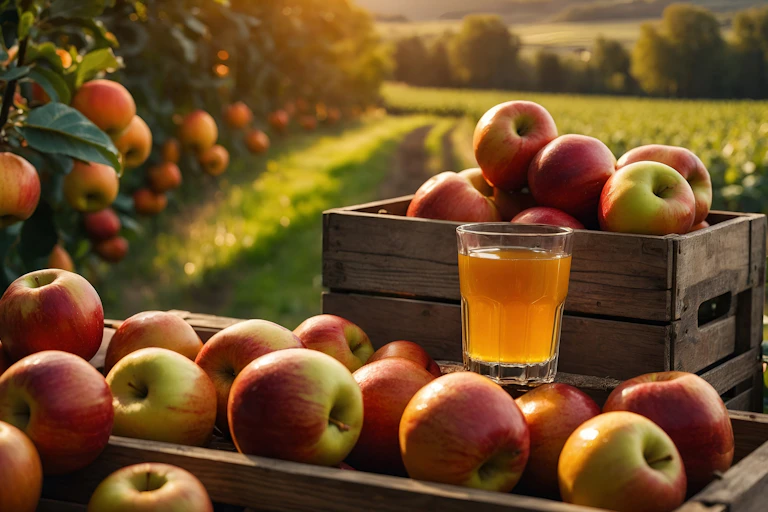 Bozxs of apples with glass of cider against rural backdrop.
