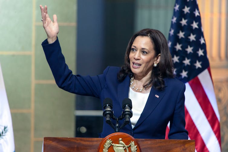 Kamala Harris stood in front of a US flag delivering a speech.