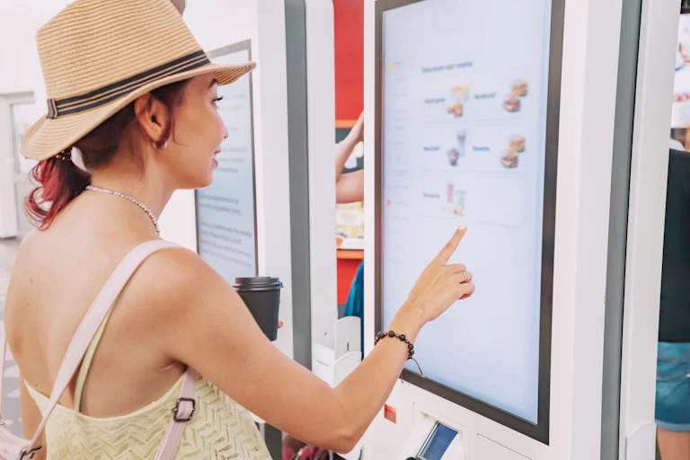 Woman places order at self-service kiosk.
