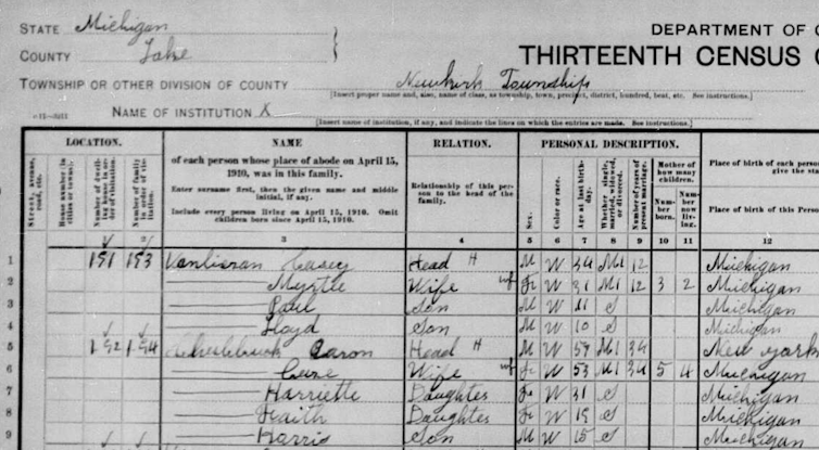 Scan of census record featuring a table with various names, locations and other information inscribed.