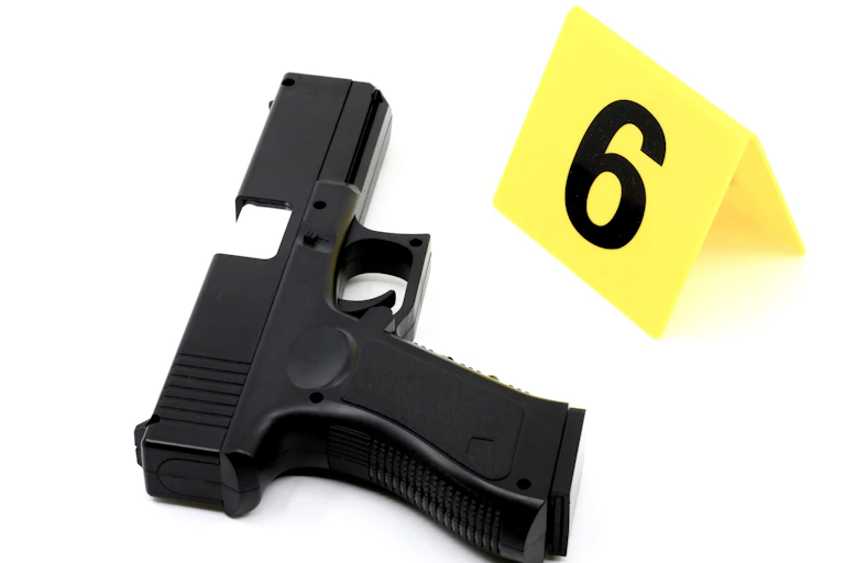 A black gun sits next to a bright yellow evidence marker.