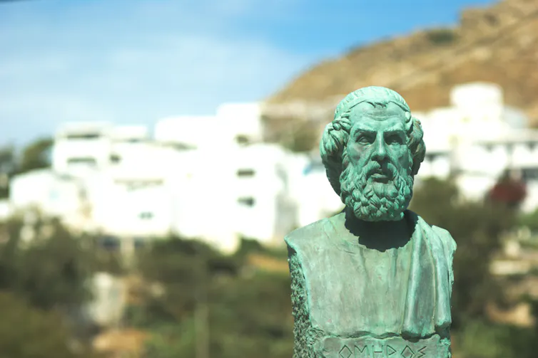 Bronze statue of Homer on Greek island of IOS