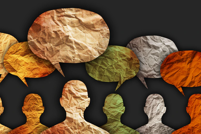 A collage-style illustration shows seven multicolored silhouettes of people, with seven multicolored speech bubbles looming above.