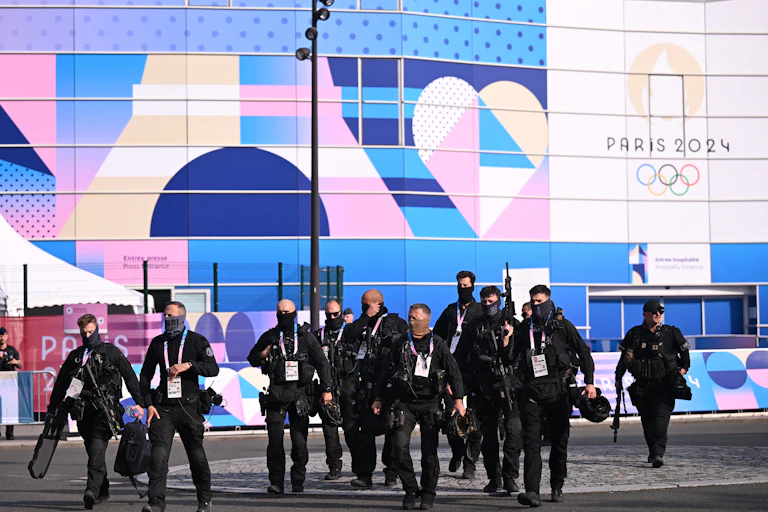Counter terrorism personnel are seen outside the Parc des Princes Stadium in Paris