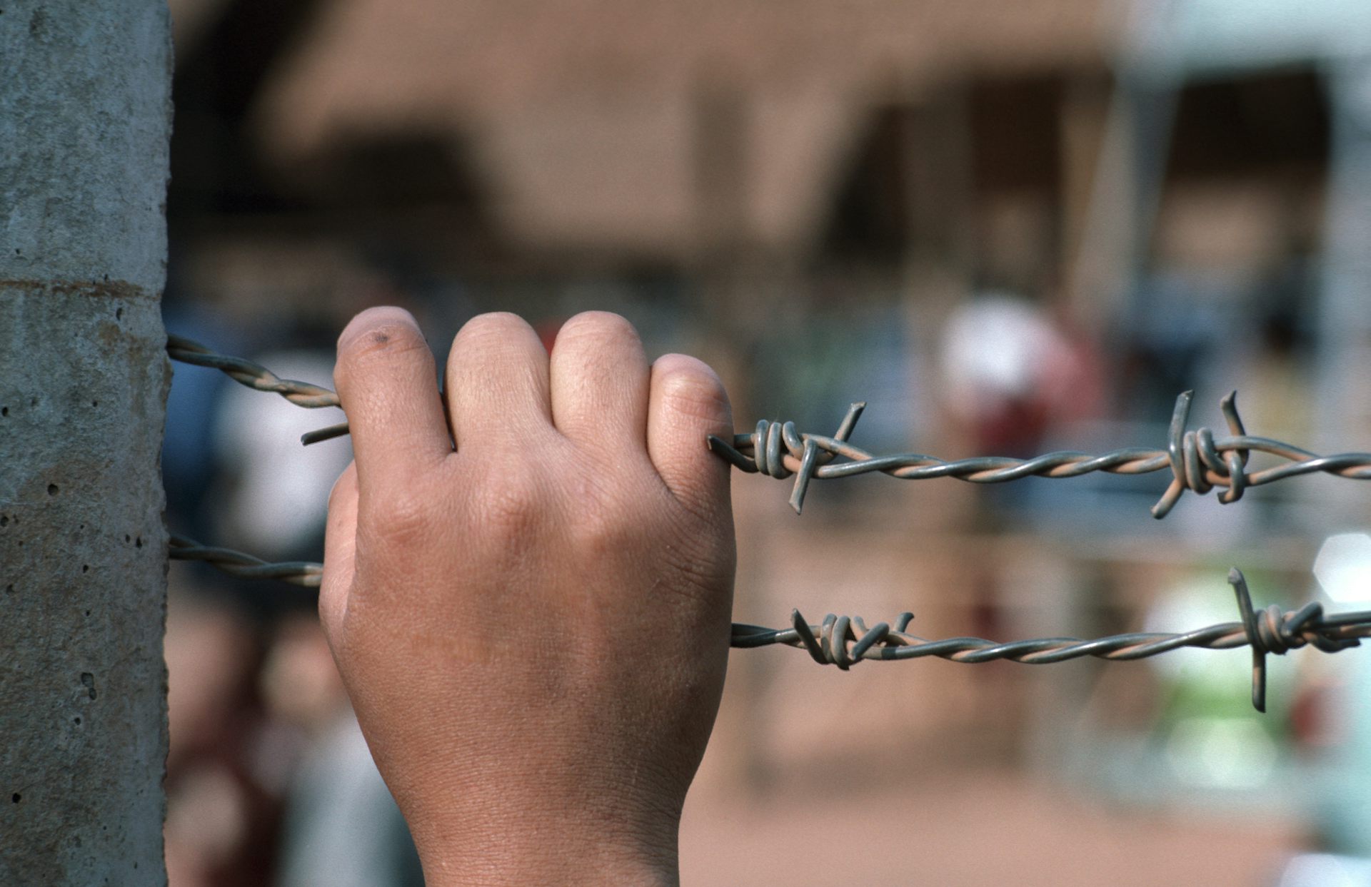A hand holding a barbed wire fence