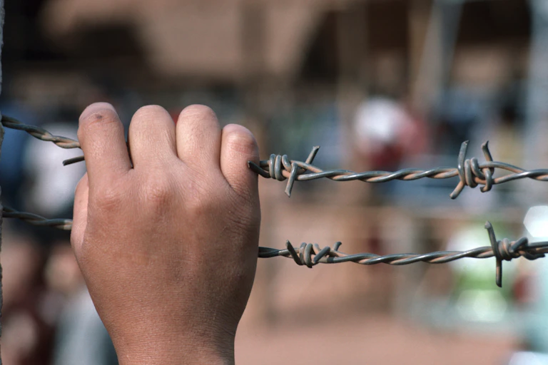 A hand holding a barbed wire fence