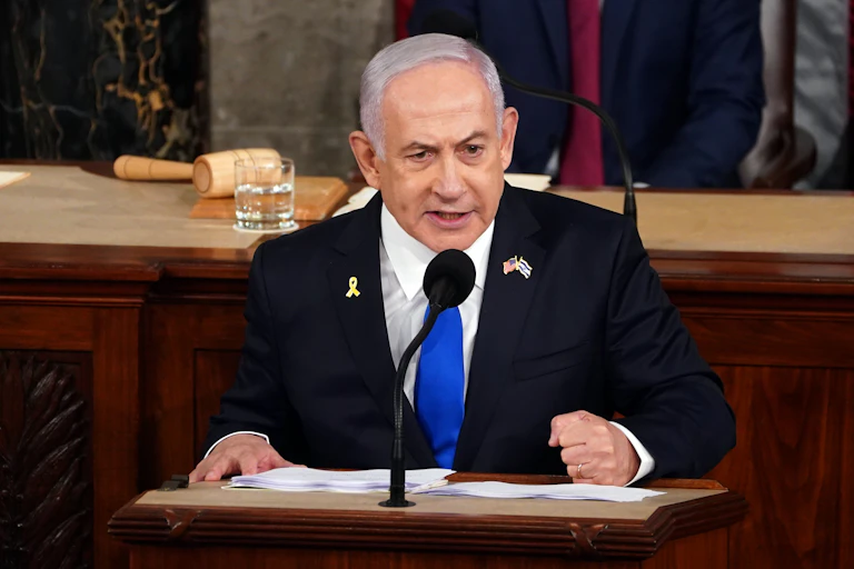 Israeli prime minister, Benjamin Netanyahu, stands at a lectern speaking to the US Congress, July 24 2024.