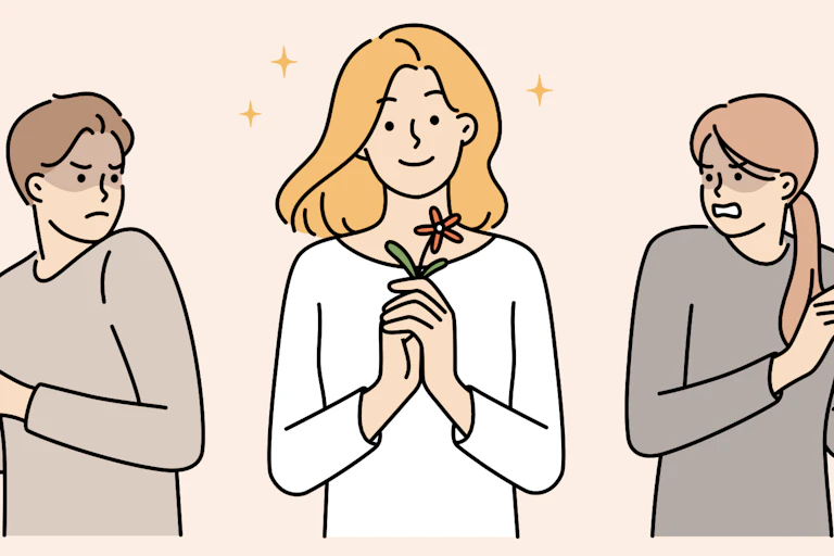 A woman holding a flower, and two others looking envious