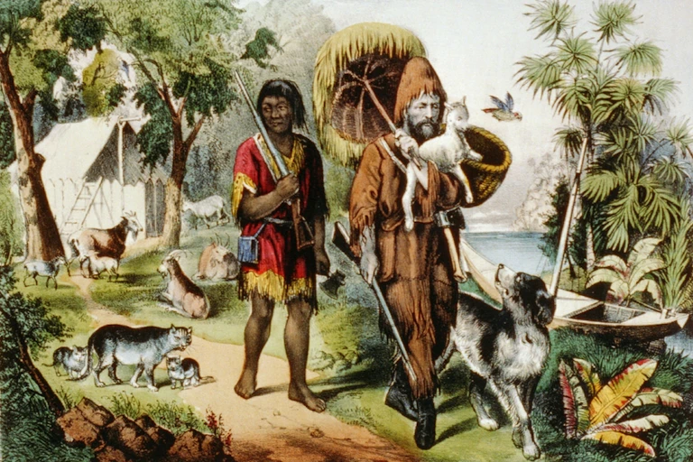 Les personnages classiques de Daniel Defoe, Robinson Crusoé, et son compagnon Vendredi, avec leurs animaux sur une île isolée