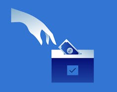 Illustrated image of a hand tucking some dollar bills into a ballot box