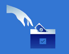 Illustrated image of a hand tucking some dollar bills into a ballot box