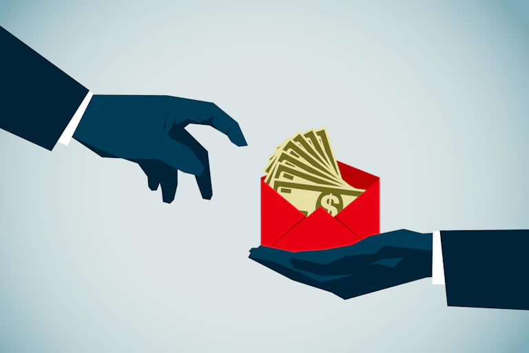 Illustrated image of one hand giving an envelope of cash to another hand