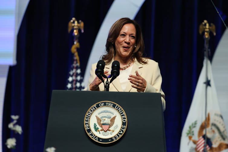 US vice-president Kamala Harris stands at a podium speaking to a rally ikn Indianapolis.