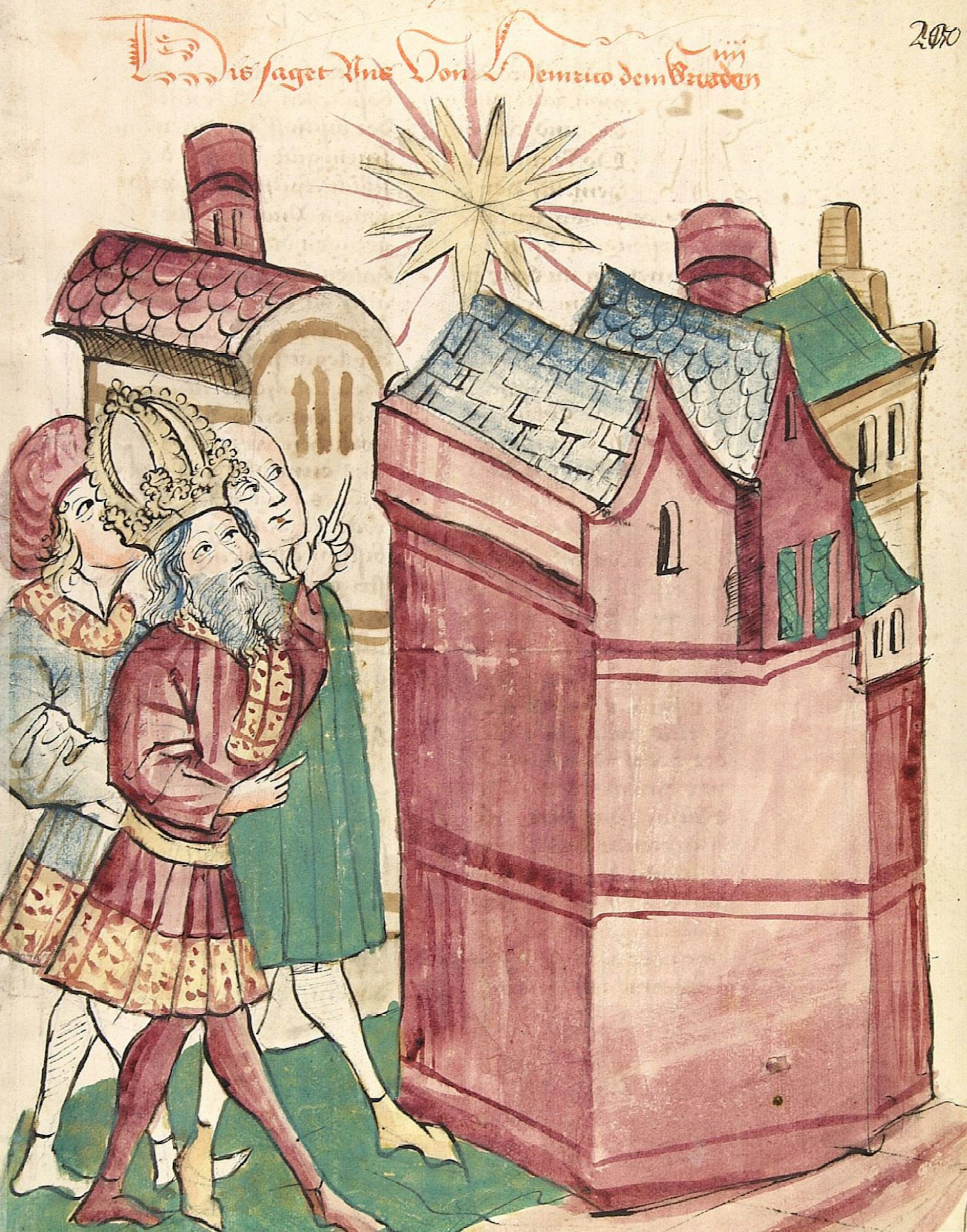 A medieval illustration of a man looking at and pointing at a star bright in the sky over a town.