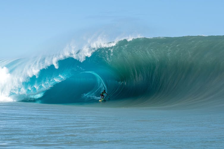 Big wave breaking with surfer visible within its barrel