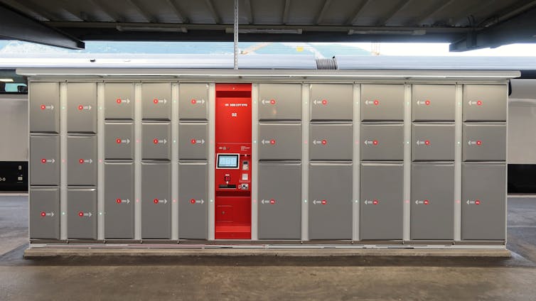 A bank of automated lockers at a public transport station