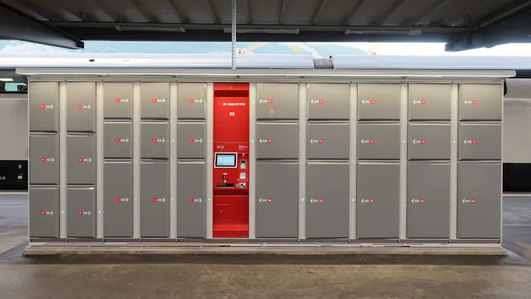 A bank of automated lockers at a public transport station