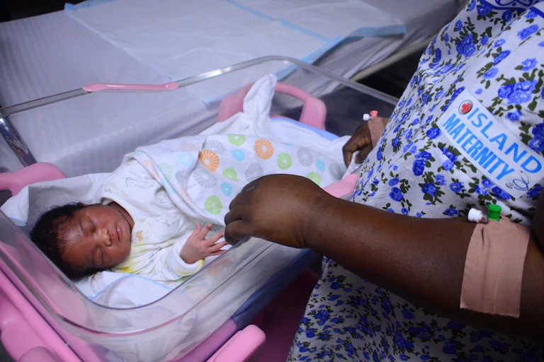 A newborn baby swaddled in a blanket, lying in a bassinet while an adult holds one of its small hands