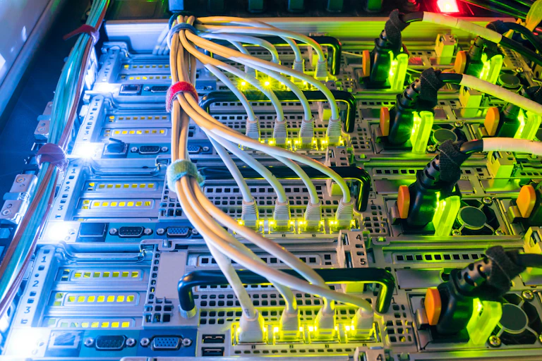 Close-up of yellow and blue lit rows of cables at a large computer.
