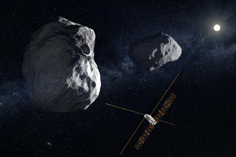 Two grey rocks in space with a spacecraft and a smaller satellite next to them.