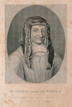 A portrait of a woman with head covered with a black cloth, while her gown covers her body up to her neck.