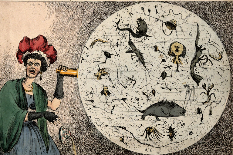 A horrified woman looks through an old-fashioned microscope at creatures supposedly living in a drop of River Thames water.