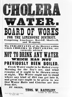 Printed document titled 'Cholera and water' reading 'The inhabitants of the district within which cholera is prevailing are earnestly advised not to drink any water which has not previously been boiled.
