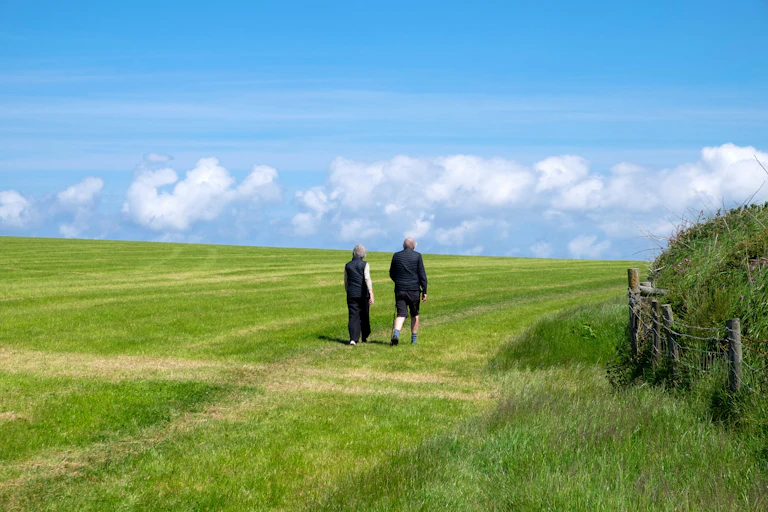 Casal de idosos caminhando em um campo verde