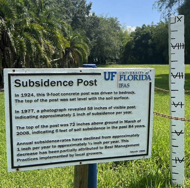 A sign in the ground in a grassy area reads Subsidence Post and tells history of an agricultural area