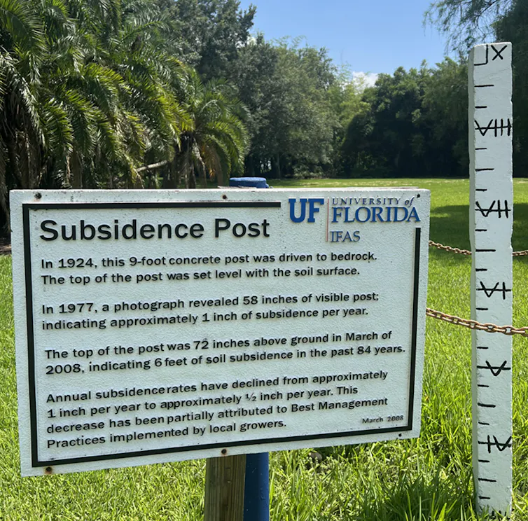 A sign in the ground in a grassy area reads Subsidence Post and tells history of an agricultural area