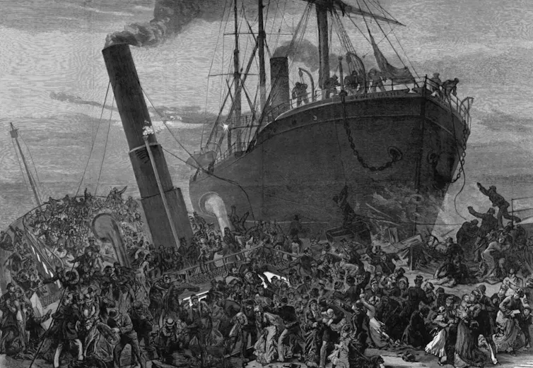 Drawing of a collision between two steam ships with many people on deck.