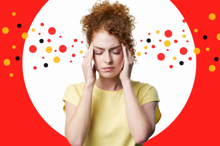 Woman with hands pressed against temples against a white circle on a red background