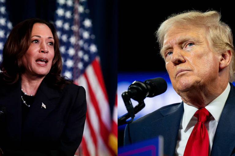 Side-by-side images of Donald J. Trump and Kamala Harris.